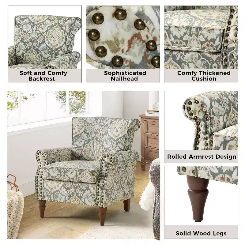 Araceli traditionele houten fauteuil met bloemenstof, hoge rugleuning met vleugels en siernagels| ART OF LIVING DESIGNS