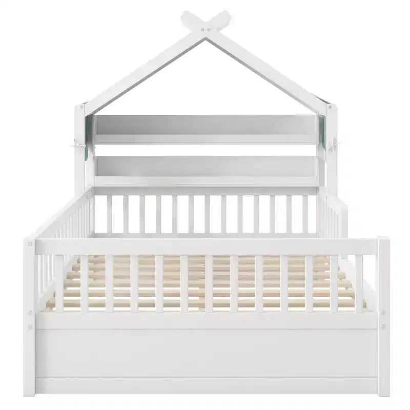 ModernLuxe houten huisbed in twin-/full-size met opbergvak in het hoofdbord, bedframe van massief grenenhout voor kinderen met veiligheidsleuningen