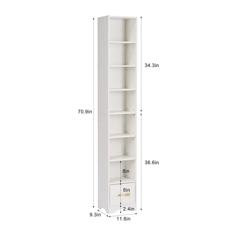Armoire à linge étroite VECELO de 70.9 pouces de haut pour salle de bains, meuble de rangement autoportant en bois massif à 8 niveaux