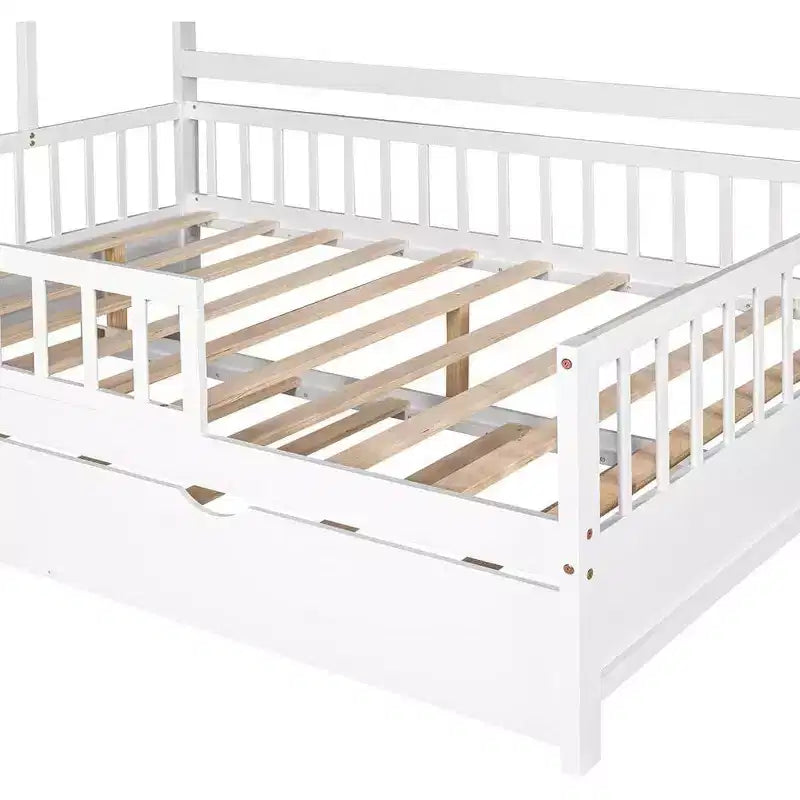 Acekool Hausbettgestell in Doppelbettgröße mit ausziehbarem Einzelbett, Schubladen und Ablagen, Dach und Zaun, Kinder-Platformbett, weiß