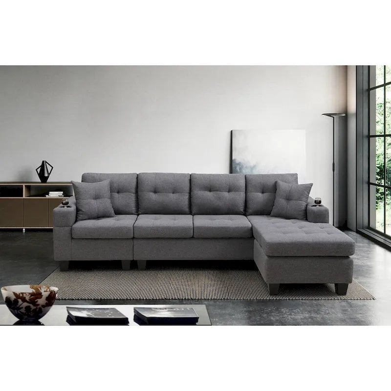 Wohnzimmer-Ecksofa mit L-förmiger Chaiselongue und Becherhalter