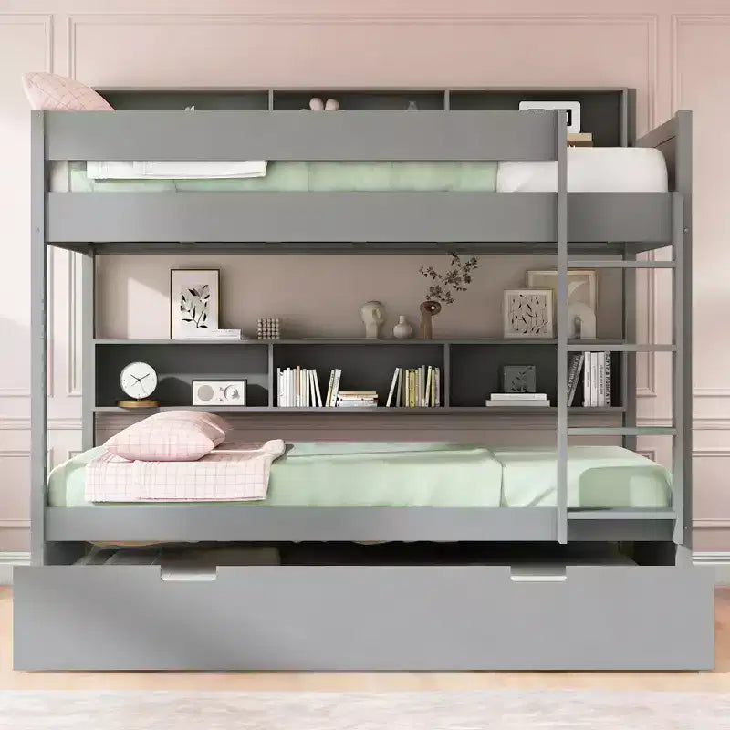 Luxystar modern stapelbed met twee tweepersoonsbedden, planken en onderschuifbed