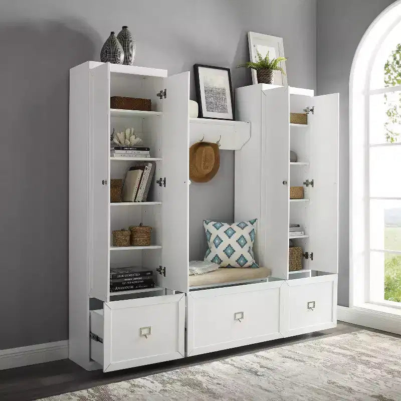 Ensemble d’entrée Harper 4 pièces avec banc, étagère et 2 placards de rangement : organisateur avec porte-manteau - Crosley
