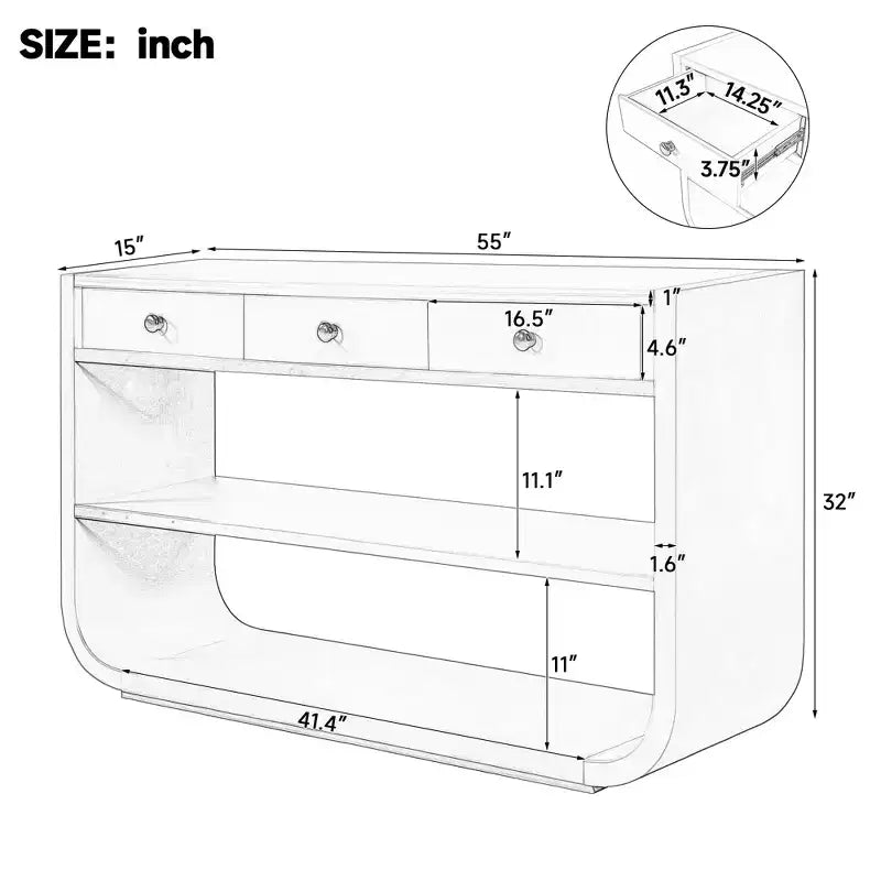 ModernLuxe gebogen sidetable, haltafel, bijzettafel naast de bank, displaystandaard en accenttafel met 3 softclose-lades en 2 open vakken