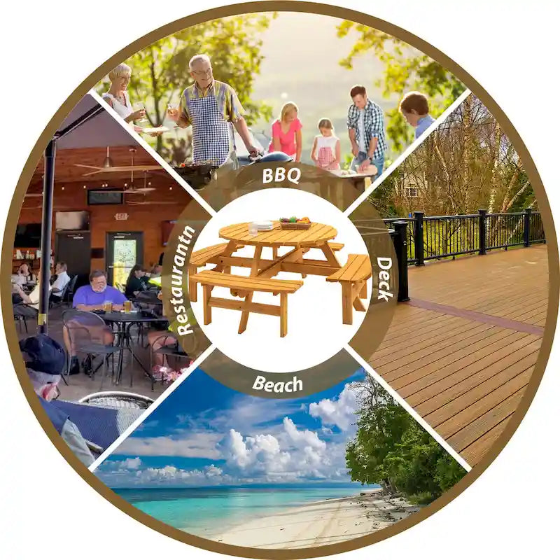 Ensemble de pique-nique rond en bois de sapin pour terrasse extérieure, pour 8 personnes, avec 4 bancs intégrés et un trou pour parasol