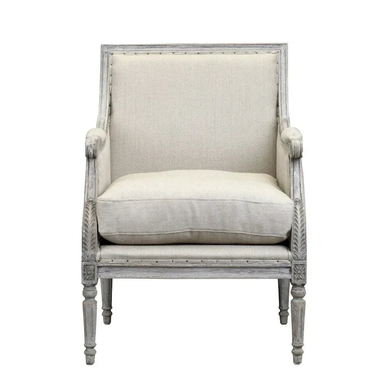 Sedia con braccioli in legno bianco sporco della collezione Prentice di Burnham Home Designs