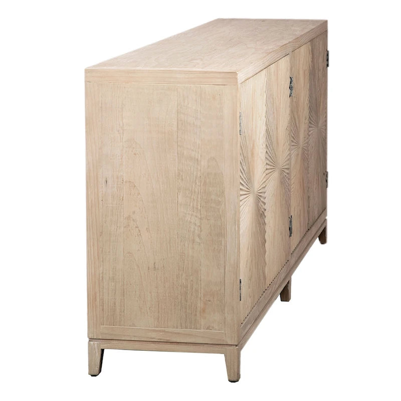 Isabelle Sideboard, 79 Zoll, Kiefer in heller Waschoptik, 4 Türen mit handgeschnitzten Sonnenstrahlmustern
