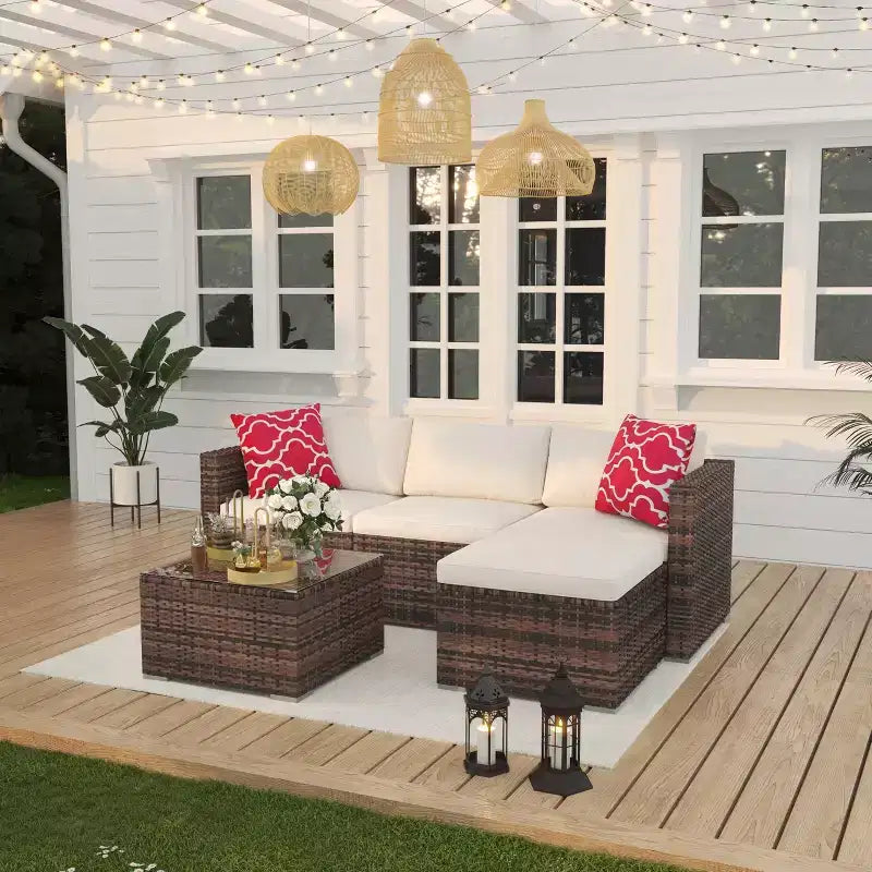 5-teiliges Gartenmöbel-Set, wetterfestes Ecksofa aus Rattan mit rutschfesten Kissen, Gartenmöbel-Sofa-Set aus Rattan mit Hocker