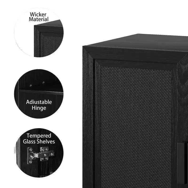 Armoire décorative de rangement noire de 62 de haut, avec portes tressées effet bois et 12 étagères