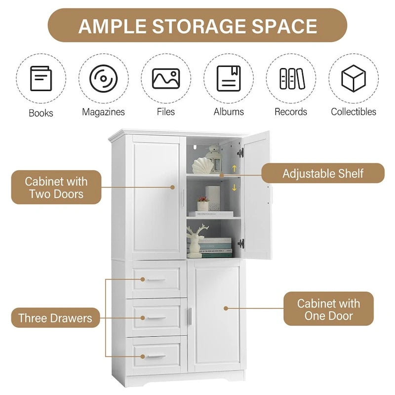 Armoire de rangement haute et large avec portes pour salle de bains, trois tiroirs