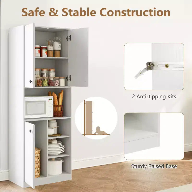Costway Küchenschrank mit Vorratsaufbewahrung, 65.5 hoch, moderner Buffetschrank mit Mikrowellenständer, Braun/Weiß