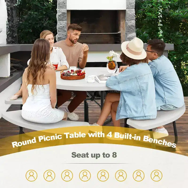 Costway Rundes Picknicktisch-Bank-Set für 8 Personen für den Außenbereich, mit 4 Bänken und Schirmloch, Schwarz/Grau/Grün/Weiß
