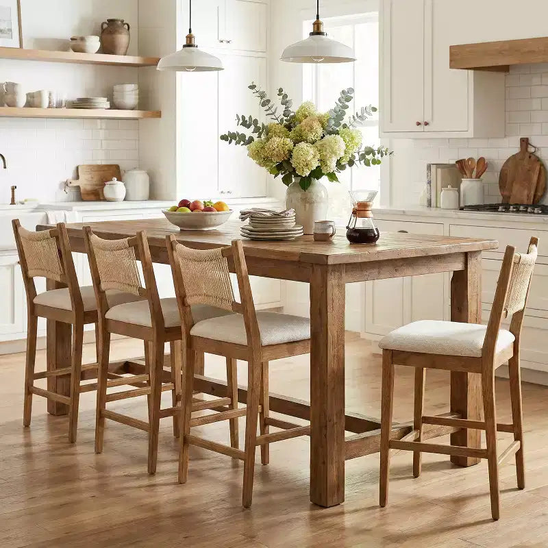 Christopher Knight Home Natalie moderne Thekenhocker aus Rubberwood mit Polsterung und geflochtener Rückenlehne aus Seil (4er-Set)