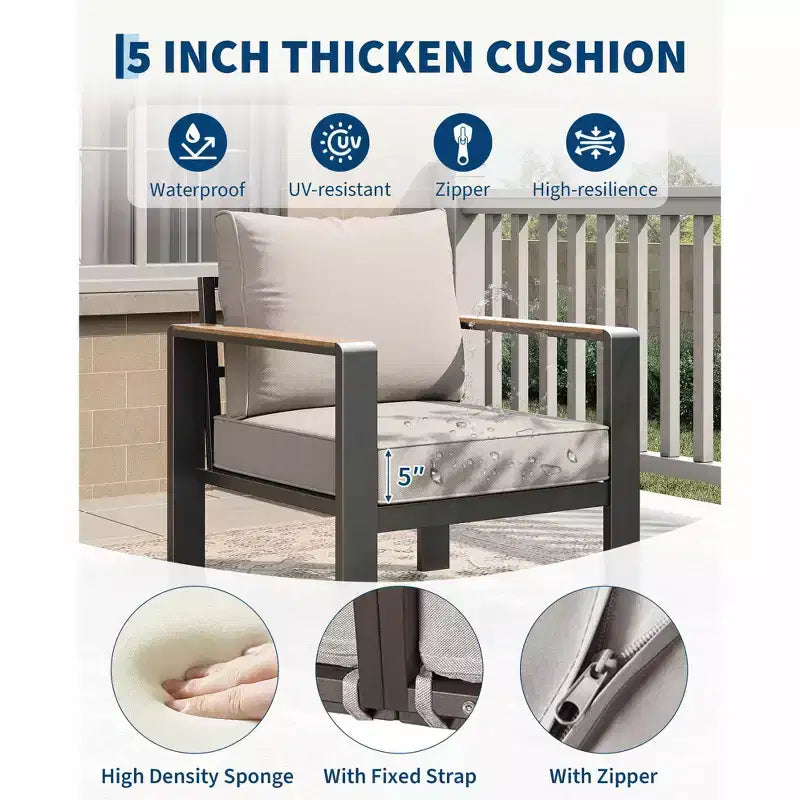Ensemble de mobilier de patio en aluminium, canapé d’angle d’extérieur avec 5 coussins épais, 4 accoudoirs et table basse pour le jardin, la terrasse ou la cour