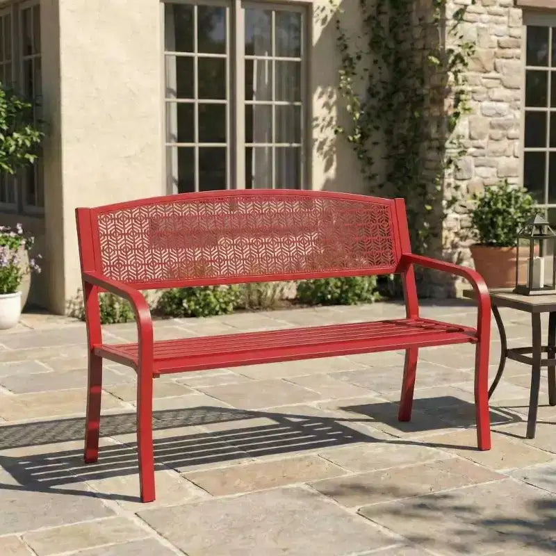 Banc d’extérieur en métal pour 2 personnes, mobilier de jardin en acier avec dossier géométrique pour patio, jardin et véranda