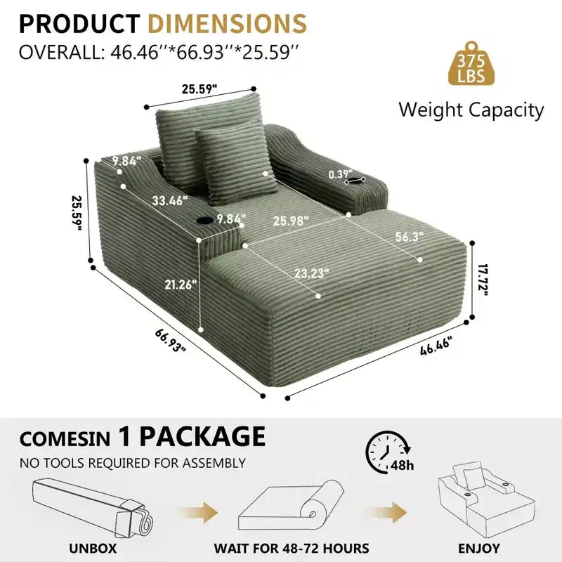 67 Chaise Lounge Chair, Indoor Sleeper Sofa Bed with 2 Pillows, Boneless Single Sofa Couch for Living Room, No Assembly Required