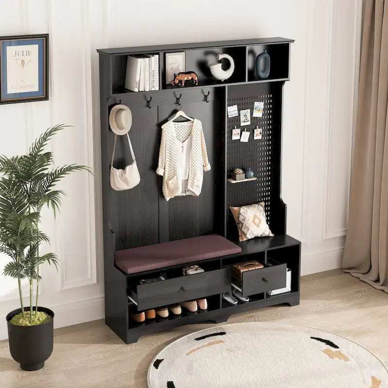 GDFStudio - Appendiabiti multifunzione Finn con panca portascarpe, pannello forato e ampio spazio contenitivo