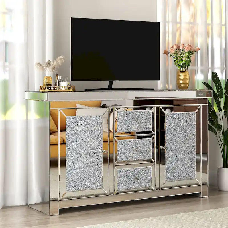 Credenza decorativa glam a specchio con motivo a rombi e 3 cassetti