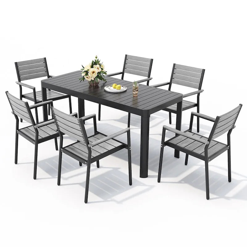 Ensemble de salle à manger d'extérieur en aluminium de 5/7 pièces, avec chaises empilables et table extensible