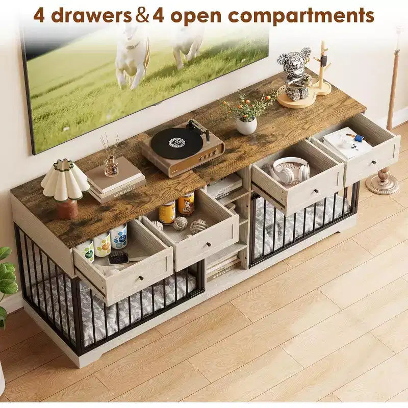 Meuble double cage pour chiens 82, grand chenil d’intérieur pour 2 chiens, cage en bois robuste faisant office de meuble TV avec 4 tiroirs et des étagères