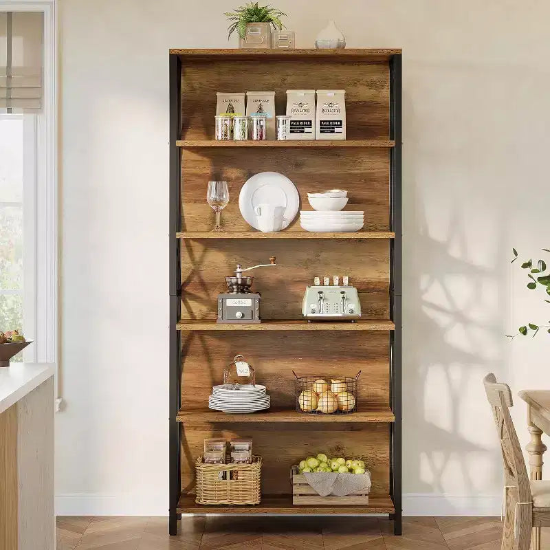 Lantine industriële boekenkast van 70.87, boekenkast met 6 niveaus, geometrisch metalen frame en open opbergplanken voor thuiskantoor en woonkamer, bruin