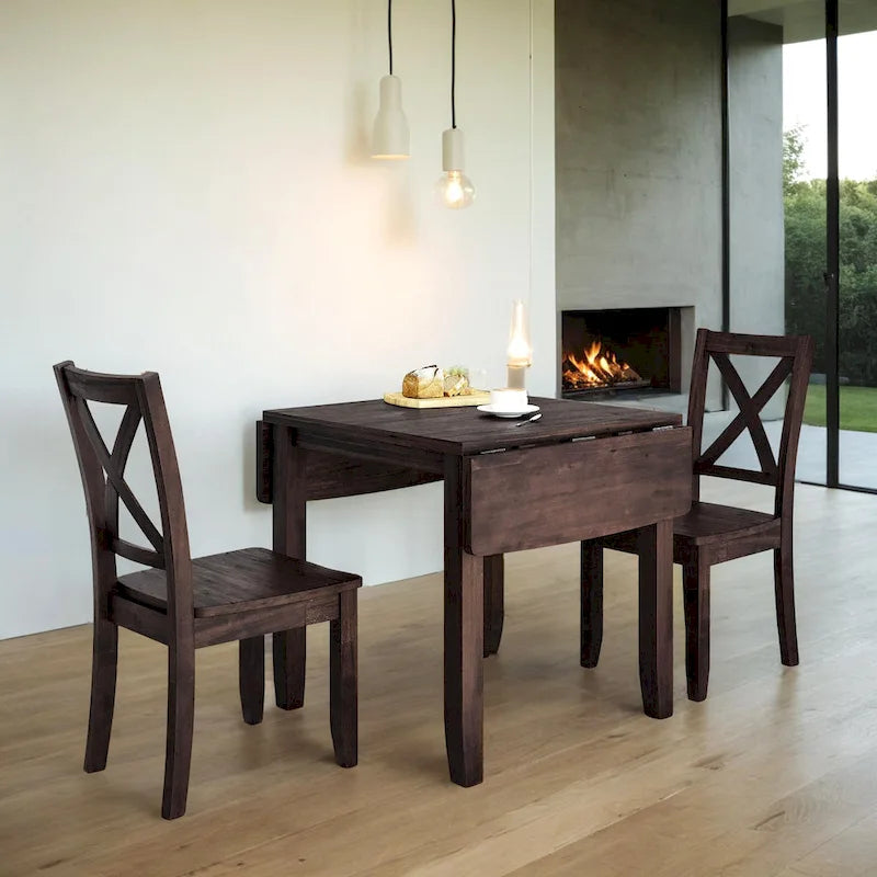 Ensemble de table de petit-déjeuner en bois à abattants, 3 pièces, avec 2 chaises à dossier en X, pour petits espaces