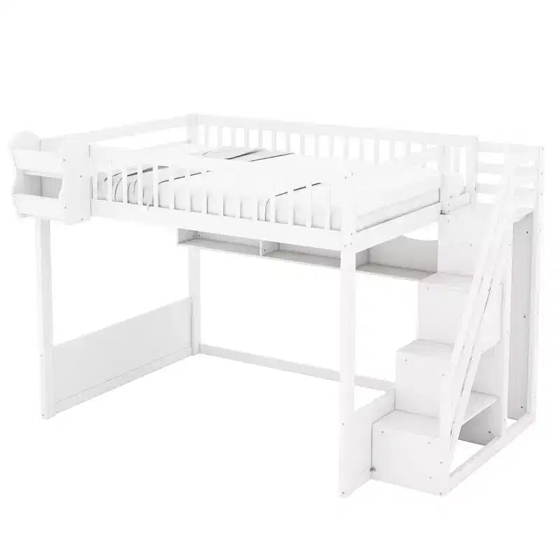 Hoogslaper voor queensize matras met trap, kledingkast en opbergplanken - MDF, 650 lb