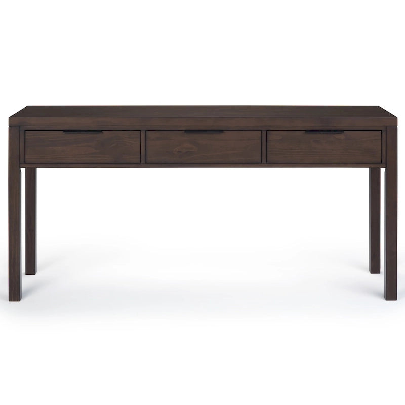 150 cm breed massiefhouten consoletafel in eigentijdse stijl met 3 laden, in warm walnootbruin