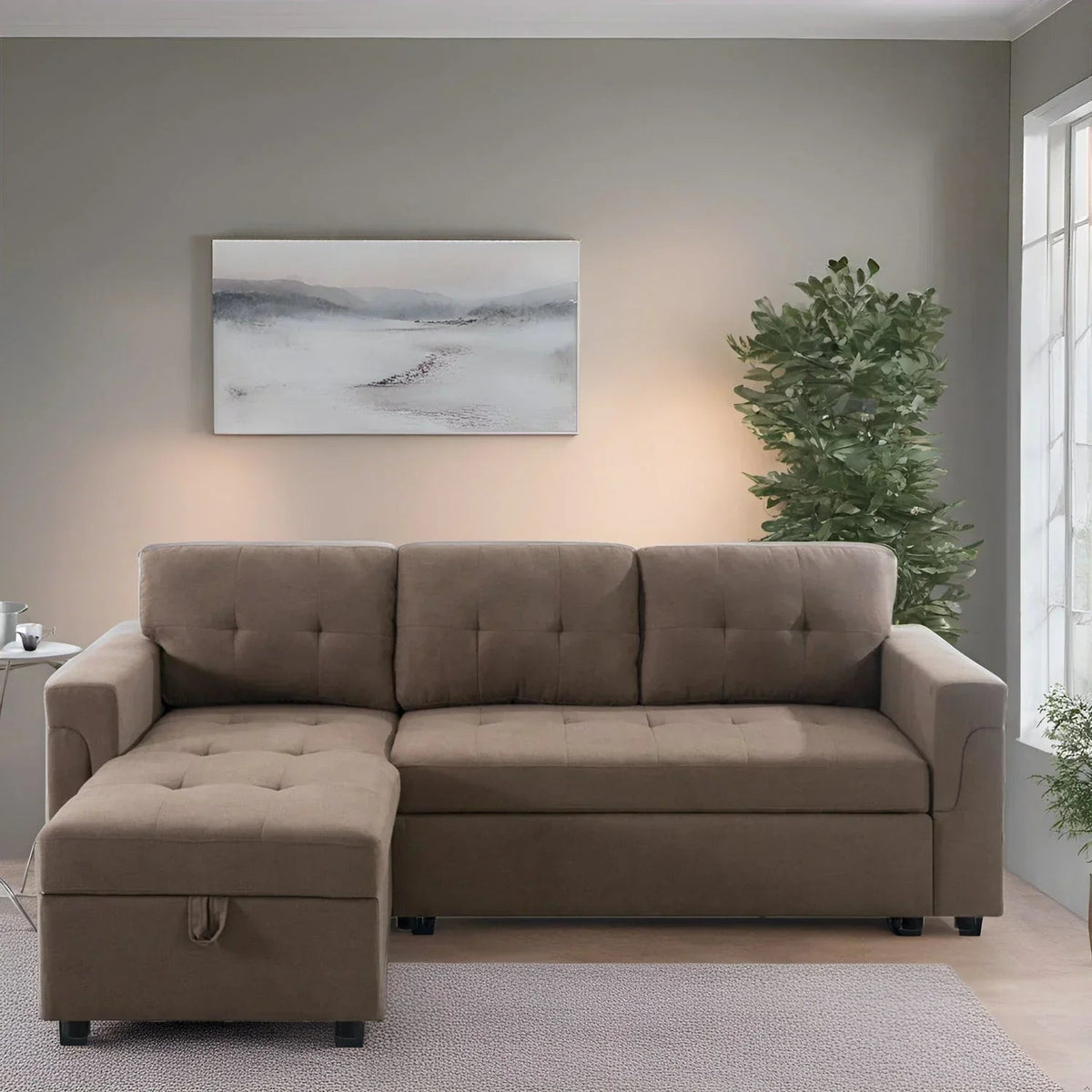 Umbaubares, beidseitig montierbares Ecksofa mit ausziehbarem Schlafbett, verstecktem Stauraum in der Recamiere und robusten Beinen