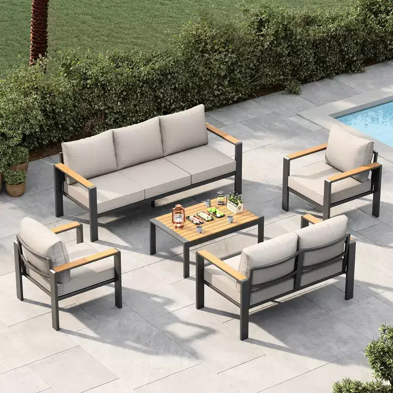 Set di mobili da patio in alluminio, divano componibile da esterno con 5 cuscini spessi, 4 braccioli e tavolino da caffè per giardino, terrazza e cortile