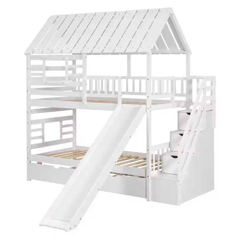 Whisen Twin over Twin House Bunk Bed with Trundle and Slide, Storage Staircase, Roof and Window Design