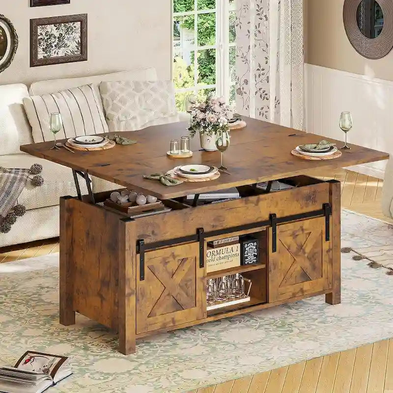 Table basse relevable avec 2 portes coulissantes de style grange, rangement et table à manger