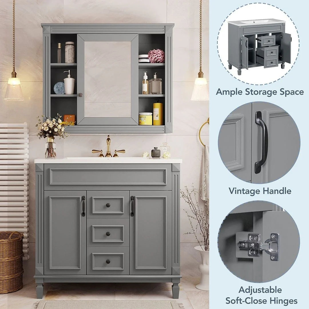 36 Modern Bathroom Vanity with Top Sink and Mirror Cabinet,2 Doors and 2 Drawers