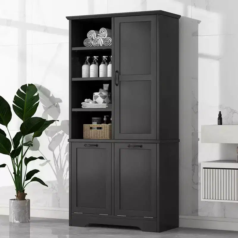 Meuble de rangement pour salle de bains avec portes et tiroirs, panier à linge basculant, nombreux espaces de rangement, modèle autoportant