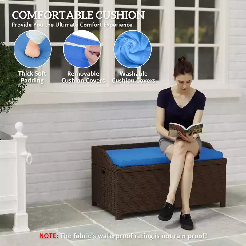 Banc de rangement extérieur en osier avec coussin