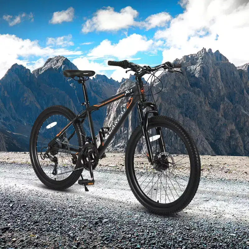 Okak mountainbike van 24 inch met stalen frame, kinderfiets met Shimano 21 versnellingen, dubbele schijfremmen en vering vooraan, fiets voor tieners