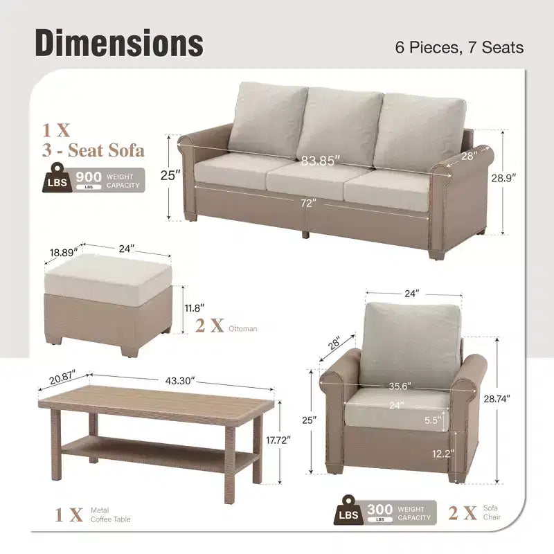 Captiva Designs 6-teiliges luxuriöses Gartensofa-Set aus Korbgeflecht mit geschwungenen Armlehnen und Kissen