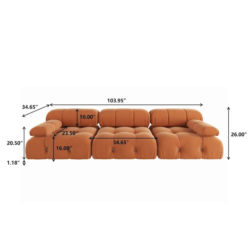 Modulares Samtsofa mit 3 Sitzplätzen, beidseitig montierbar