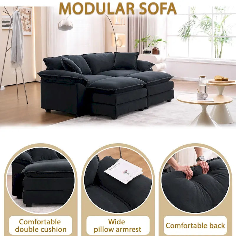 Divano a 2 posti con 2 cuscini, 2 guanciali e 2 pouf, divano comodo - Divano profondo modulare per soggiorno