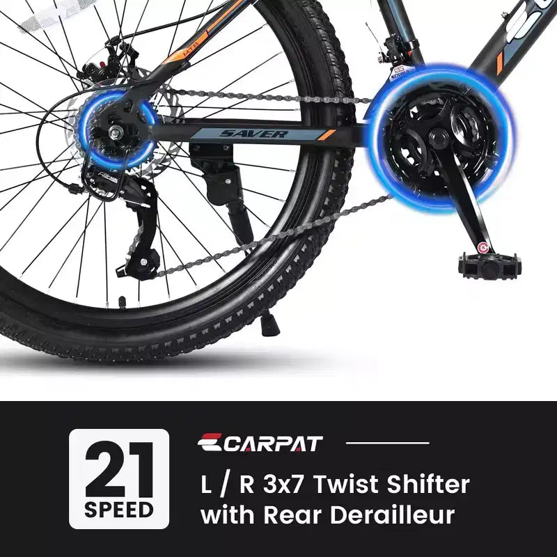 Okak mountainbike van 24 inch met stalen frame, kinderfiets met Shimano 21 versnellingen, dubbele schijfremmen en vering vooraan, fiets voor tieners