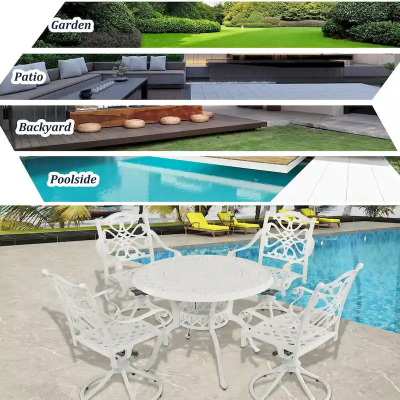 Ensemble de salle à manger de patio en aluminium moulé, 5 pièces, avec 4 chaises pivotantes