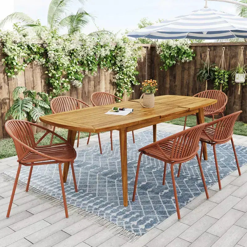 Set da pranzo da esterno espandibile da 7 pezzi con sedie impilabili e tavolo in legno di acacia