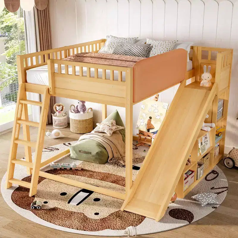 Bellemave-Hochbett mit gepolstertem Kopfteil und Ablageregalen, Hochbettgestell aus Massivholz mit Leiter und Rutsche für Kinder