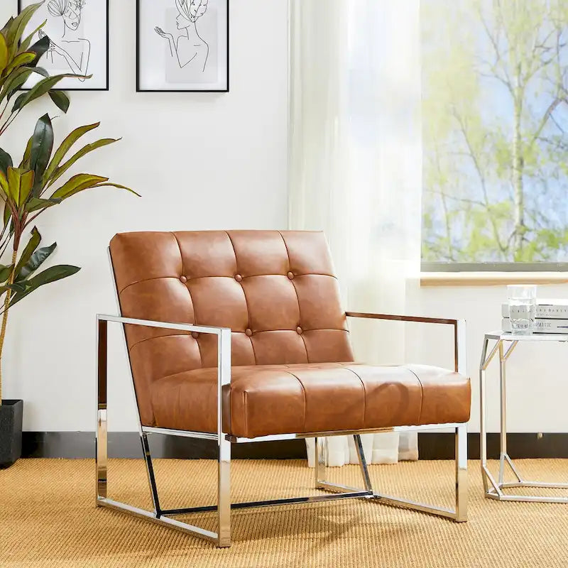 Fauteuil d’appoint Glitzhome crème de style mi-siècle moderne, revêtement en cuir PU capitonné et structure chromée, hauteur de 30.50