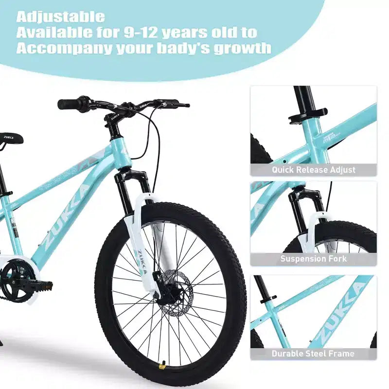 NAYSAYE 24-Zoll-Mountainbike für Kinder mit Federgabel und Stahlrahmen, für Kinder von 9 bis 12 Jahren, Cyan, 63.78*24.8*37.2