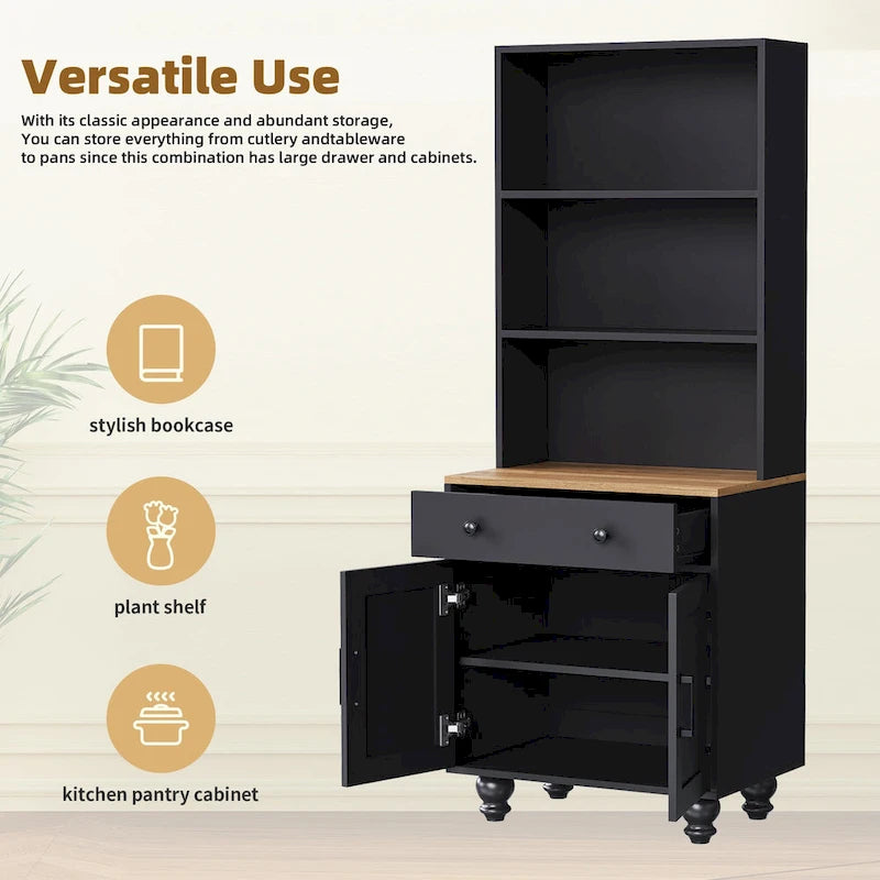Zwart + donker walnootkleurig tv-meubel in landelijke stijl met boekenkasten en deuren van gehard glas voor tv's tot 70