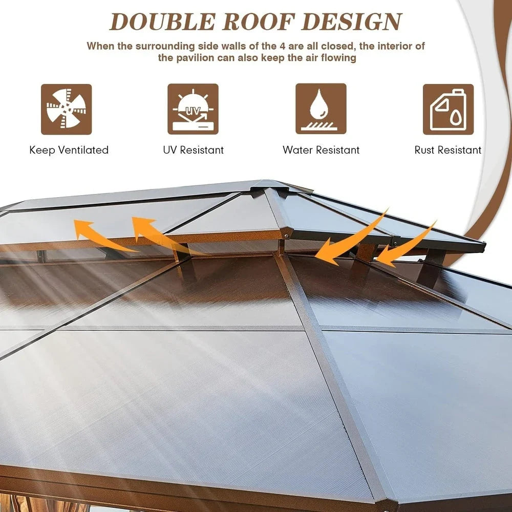 EROMMY hardtop-paviljoen, pergola voor buiten met dubbel dak, netten en gordijnen, extra stevig zonnescherm voor terras, achtertuin en zwembadfeest