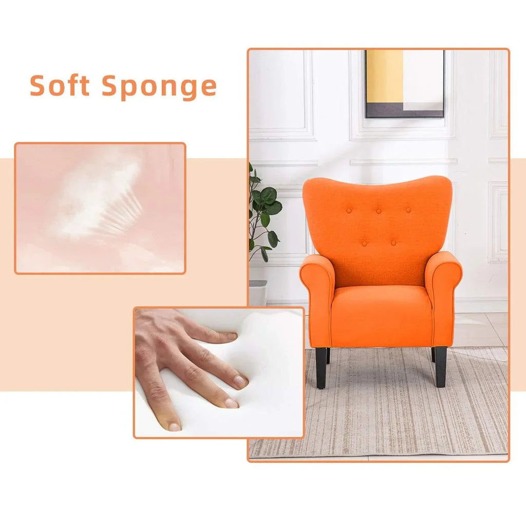 Erommy moderne fauteuil, fauteuil met hoge rugleuning, gestoffeerde eenzitsbank met knopen en houten poten voor de woonkamer