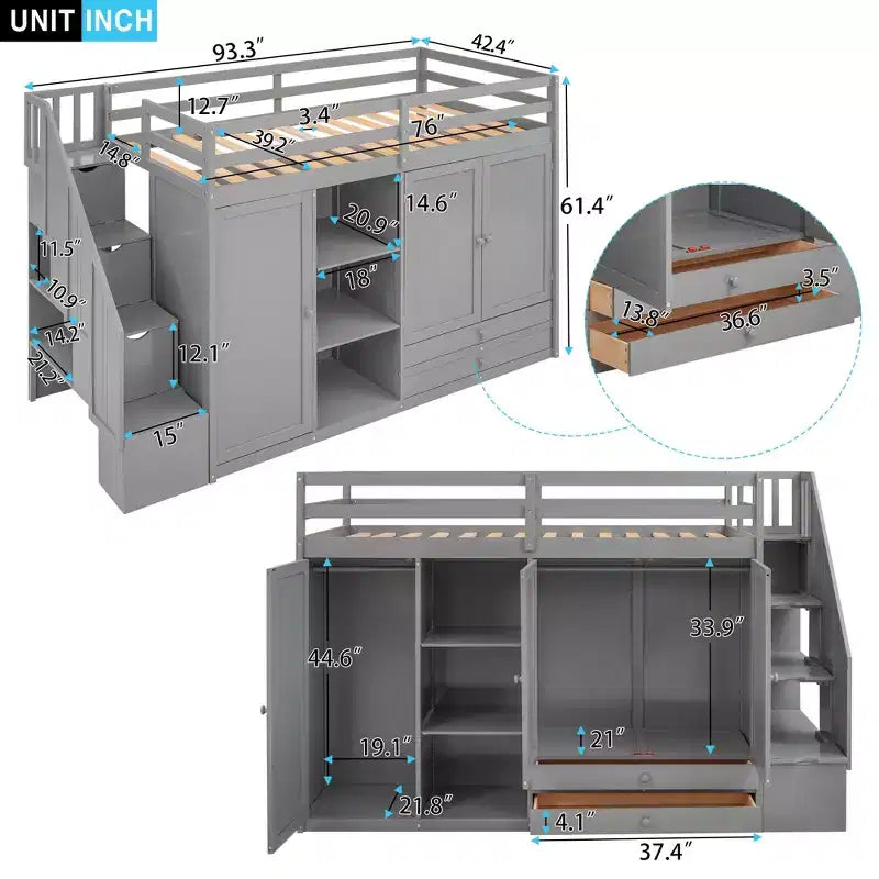 93.3 Functional Loft Bed with Wardrobes, Shelves, Drawers and Storage Ladder