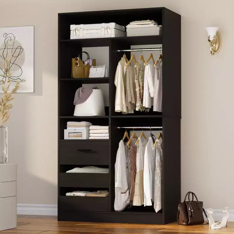 Kleiderschrank-Organizer mit Holzschubladen, freistehendes Schranksystem mit Kleiderstangen